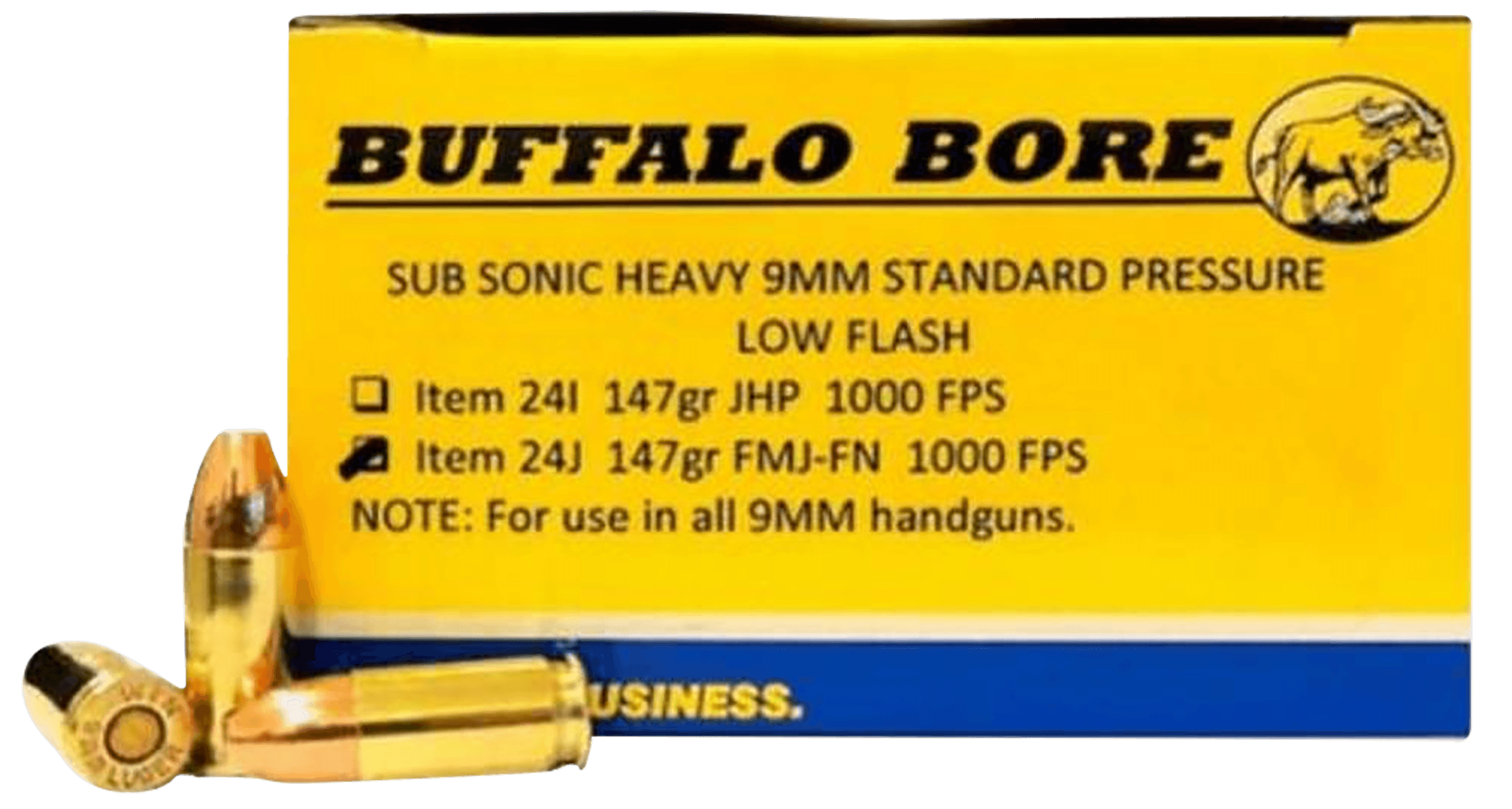 Buffalo Bore Ammunition 24J20 Subsonic Strictly Business 9mmLuger 147gr Full Metal Jacket Flat Nose 20 Rounds