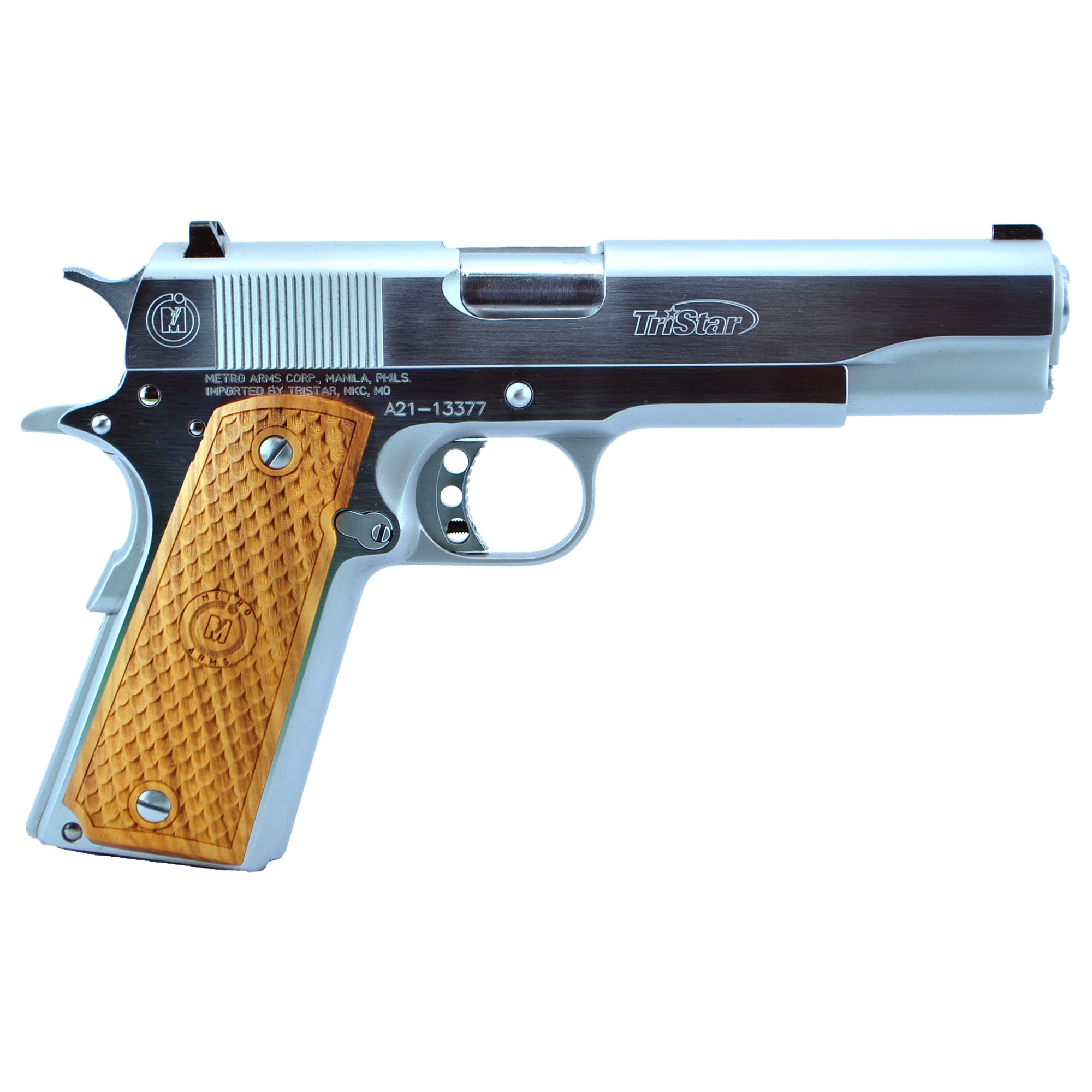 TriStar 85605 American Classic Government 1911 9mm Luger 10+1 5" Stainless Steel Barrel, Chrome Serrated Steel Slide, Chrome Steel Frame w/Beavertail, Wood Grip