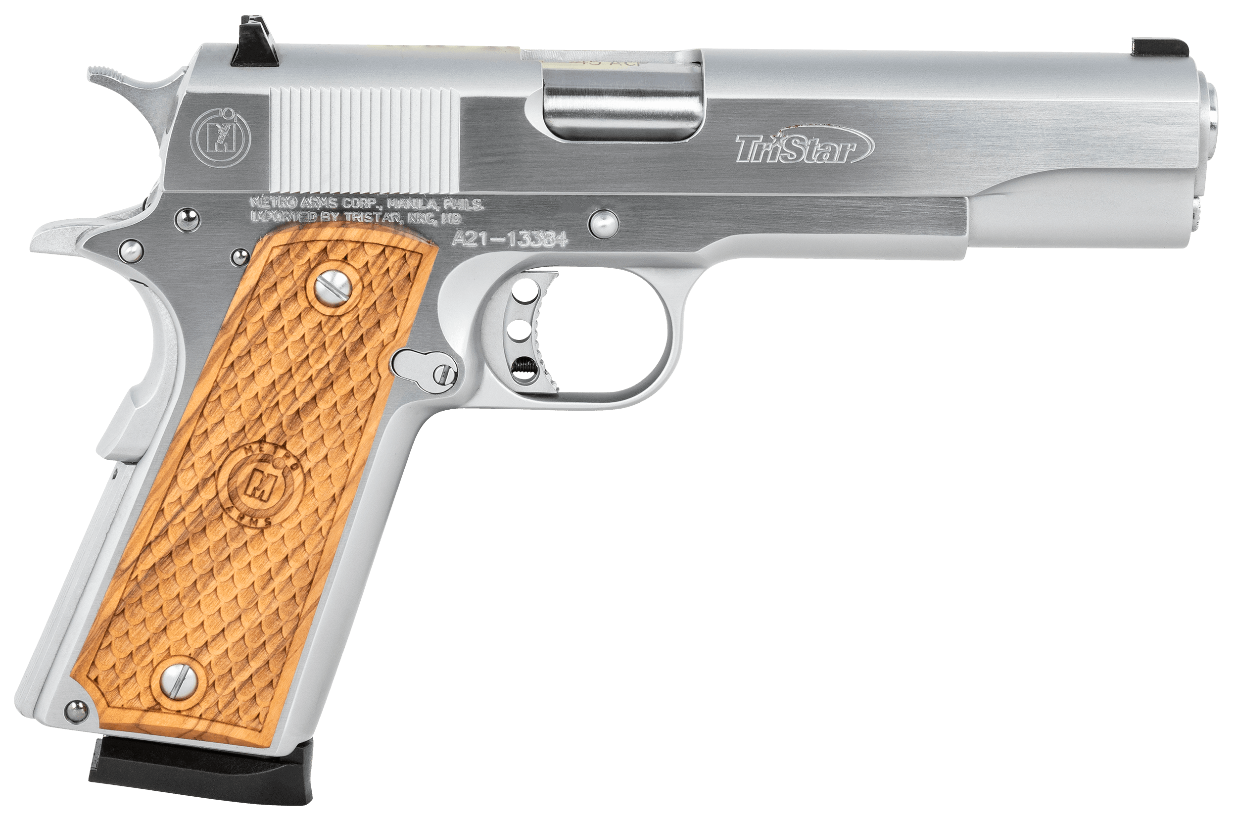 TriStar 85602 American Classic Government 1911 45 ACP 8+1, 5" Stainless Steel Barrel, Chrome Serrated Steel Slide, Chrome Steel Frame w/Beavertail, Wood Grip