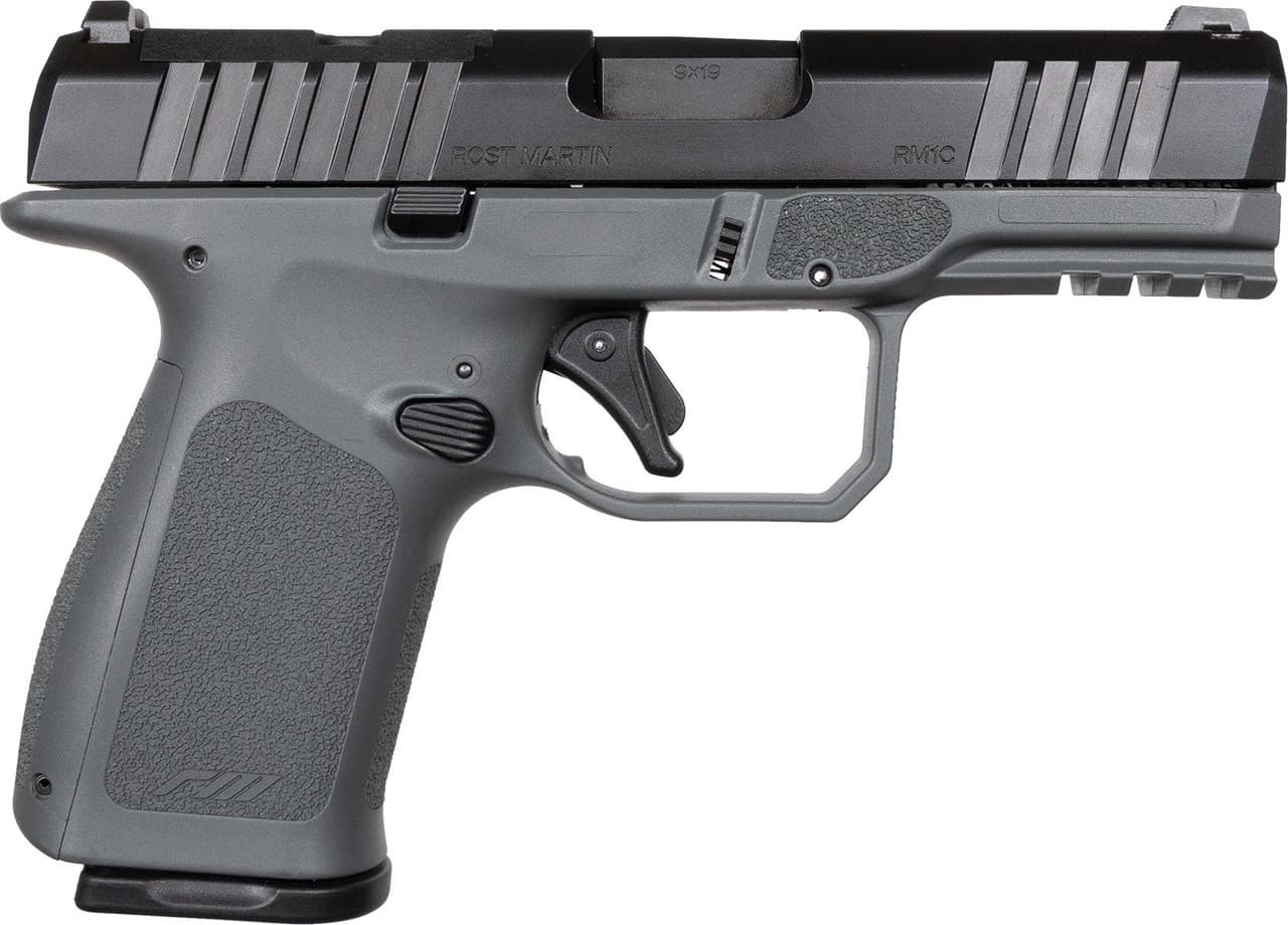 Rost Martin RM1CGRYOS RM1C Compact Frame 9mm Luger 15+1/17+1 4" Black Steel Barrel, Black Tenifer Optic Ready/Serrated Steel Slide, Stone Gray Polymer Frame w/Picatinny Rail, RGT Grip, Ambidextrous