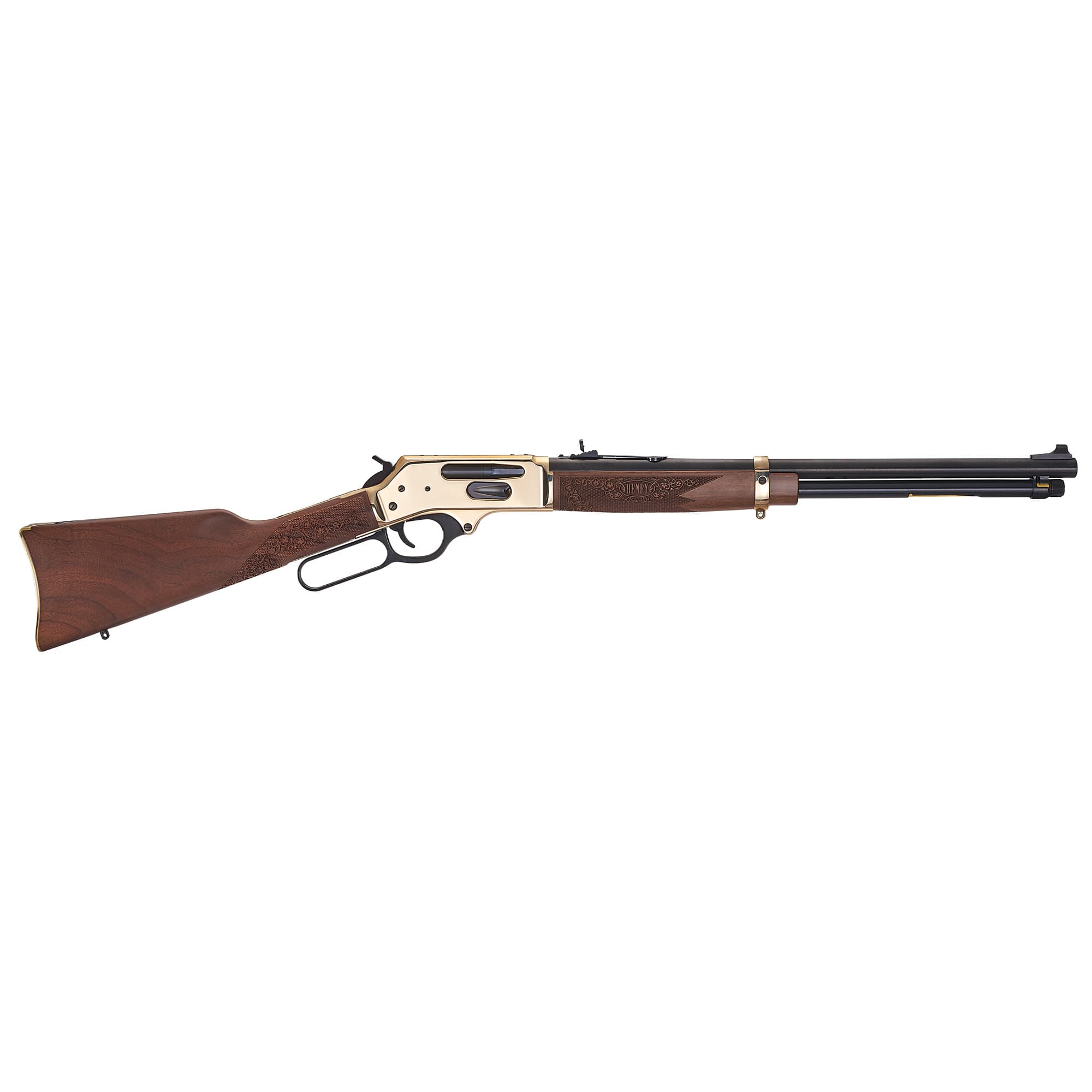Henry H024360BH Side Gate Full Size 360 Buckhammer 5+1 20" Blued Steel Barrel, Brass Polished Drilled & Tapped Brass Receiver, Fixed American Walnut Stock, Right Hand