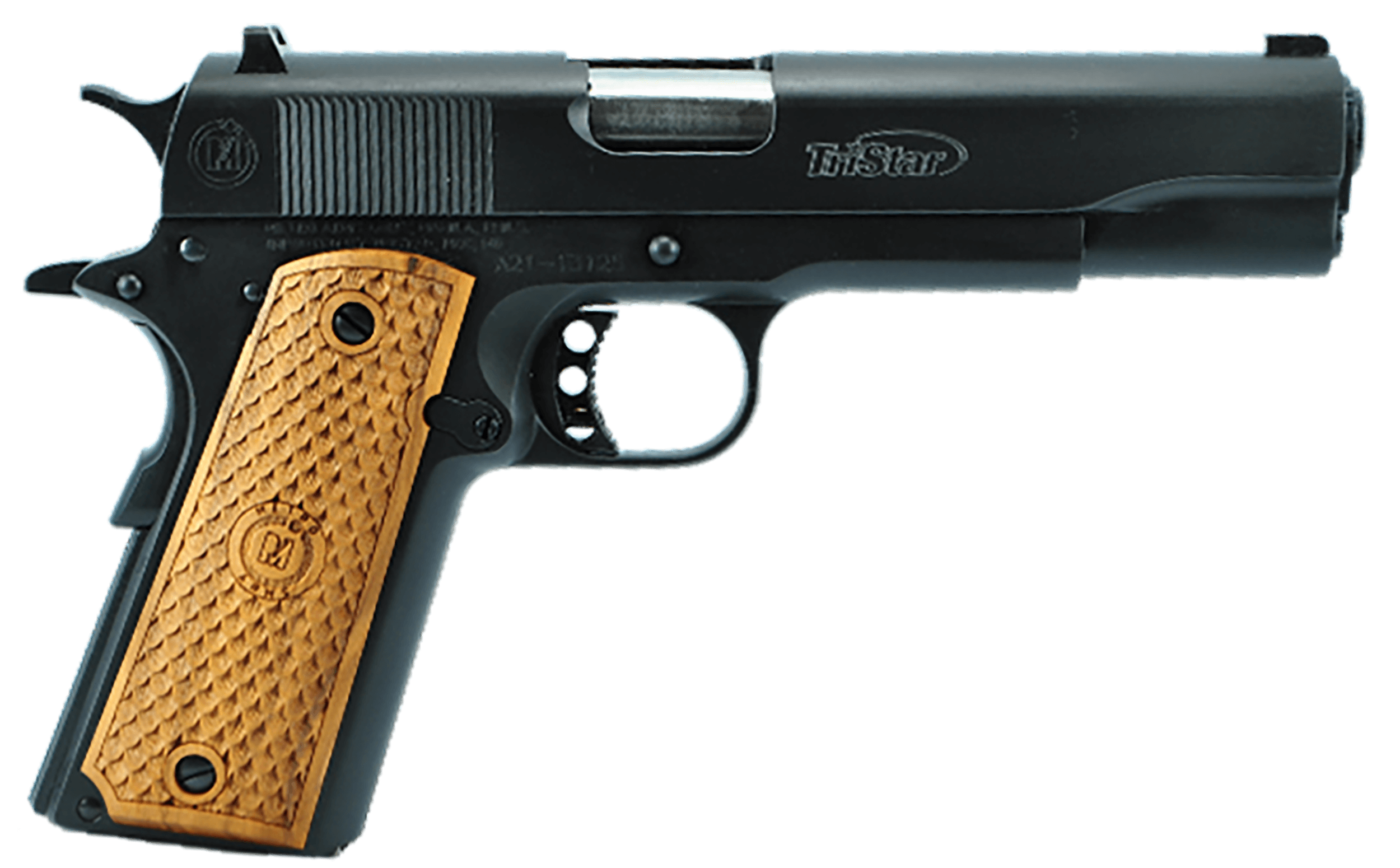 TriStar 85607 American Classic Government 1911 38 Super 9+1, 5" Stainless Steel Barrel, Blued Serrated Steel Slide, Blued Steel Frame w/Beavertail, Wood Grip