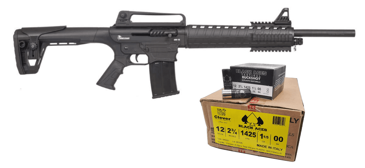 Armelegant ANG-13 Semi Automatic Shotgun - Black | 12ga | 20" Barrel Bundled w/ Black Aces Tactical 12ga Buckshot 2.75 inch Shotgun Shells - 9 pellets | 00 Buck | 1425 fps | Zinc coated steel casing | 1 Case (10 boxes/250rds)