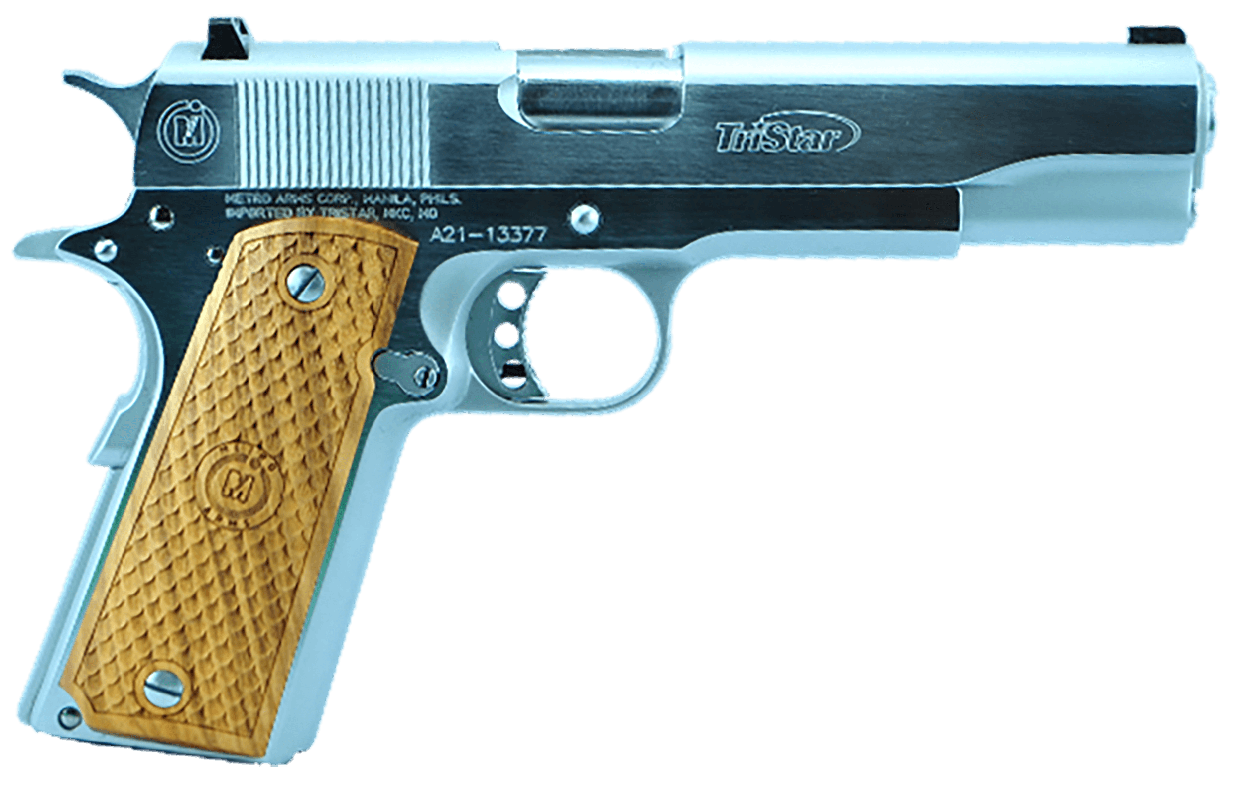 TriStar 85608 American Classic Government 1911 38 Super 9+1, 5" Stainless Steel Barrel, Chrome Serrated Steel Slide, Chrome Steel Frame w/Beavertail, Wood Grip