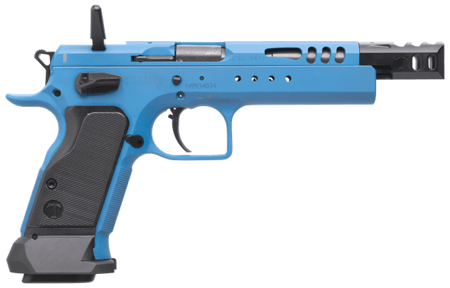 Tanfoglio IFG TFDOM9 Domina 9mm Luger Caliber with 5.20" Barrel, 17+1 or 19+1 Capacity, Overall Blue Finish Steel, Beavertail Frame, Ported Slide & Black Polymer Grip