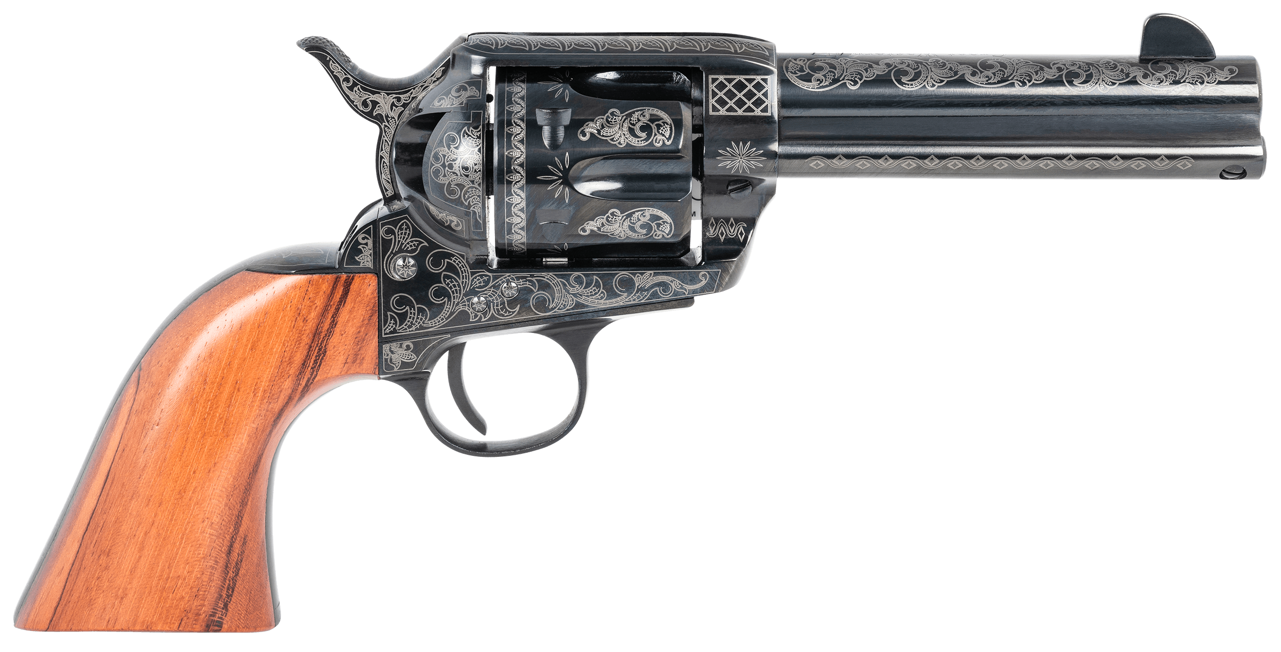 Pietta HF45LLE434NMBW 1873 Great Western II Sports South Exclusive 45 Colt (Long Colt) 6rd 4.75" Blued Engraved Steel Barrel & Cylinder, Blued Engraved Steel Frame, Walnut Grip, Exposed Hammer