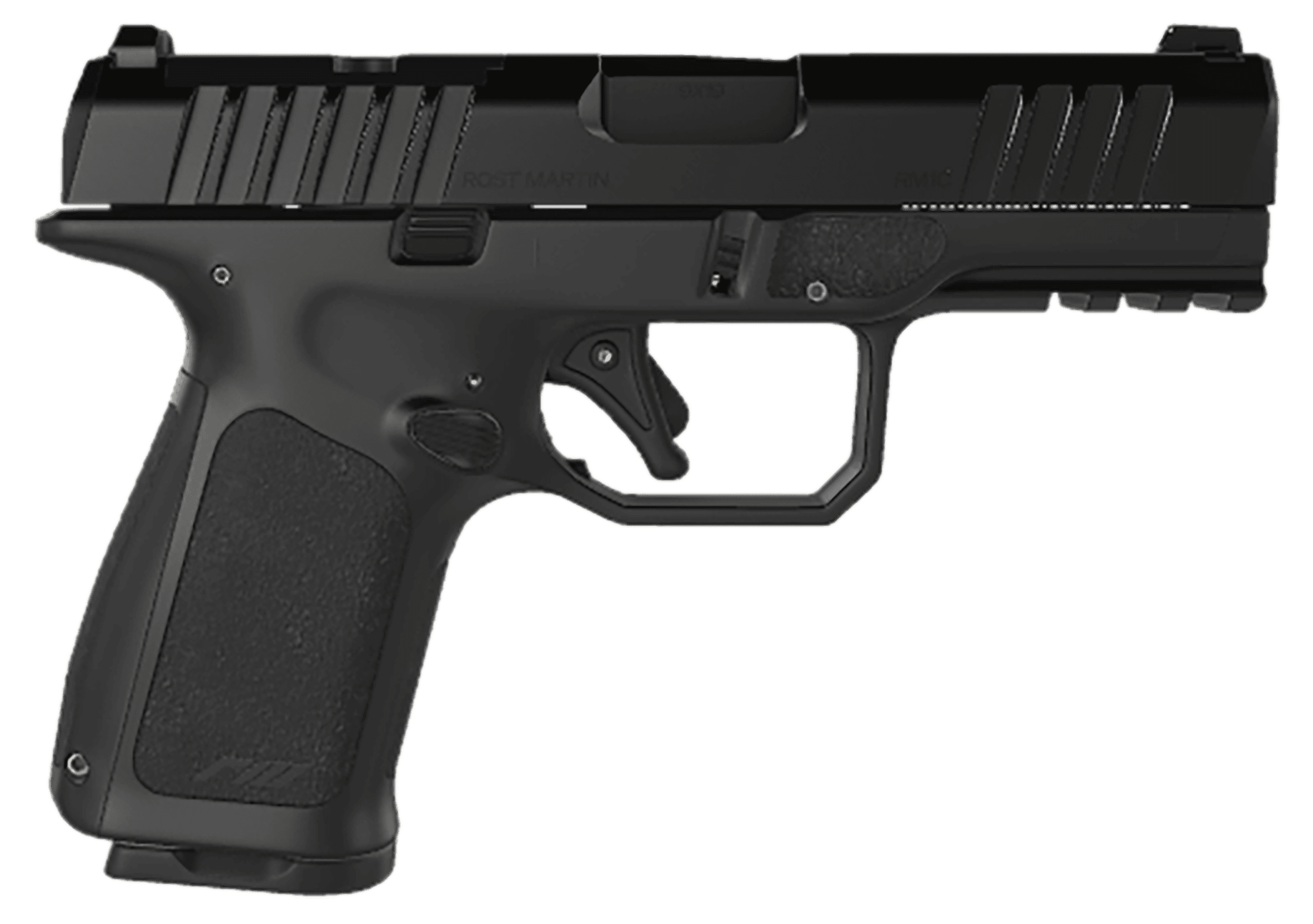 Rost Martin RM1CBLKOSP15 RM1C Compact Frame 9mm Luger 15+1, 4" Black Steel Barrel, Black Tenifer Optic Ready/Serrated Steel Slide, Black Polymer Frame w/Picatinny Rail & RGT Grip, Ambidextrous