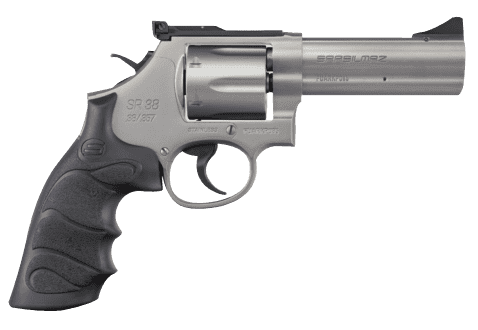 SAR USA SARSR38ST4 SAR SR 38 Special/357 Mag 6 Shot, 4" Stainless Steel Barrel, Cylinder & Frame w/Black Finger Groove Grip, Drop Safety/Hammer Block Safety, Exposed Hammer