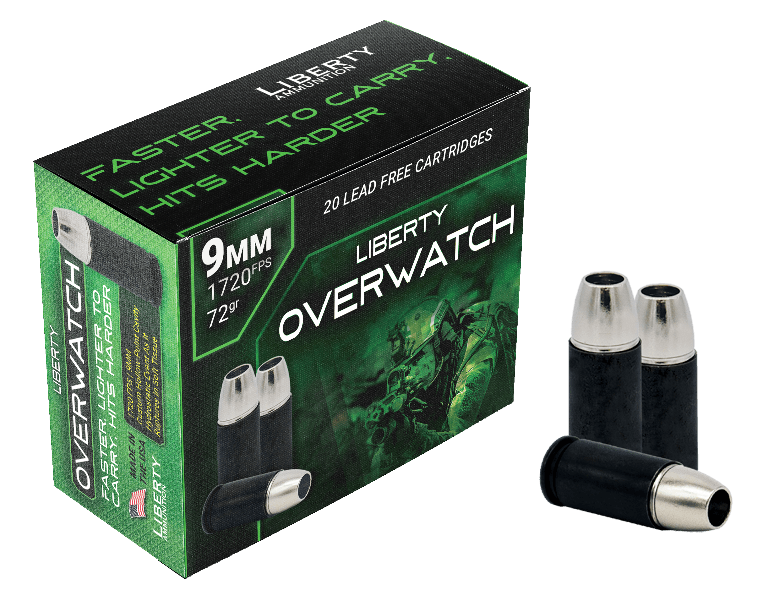 Liberty Ammunition LAOW9MM721700 OverWatch 9mmLuger 72gr Open Cavity Design 20 Rounds