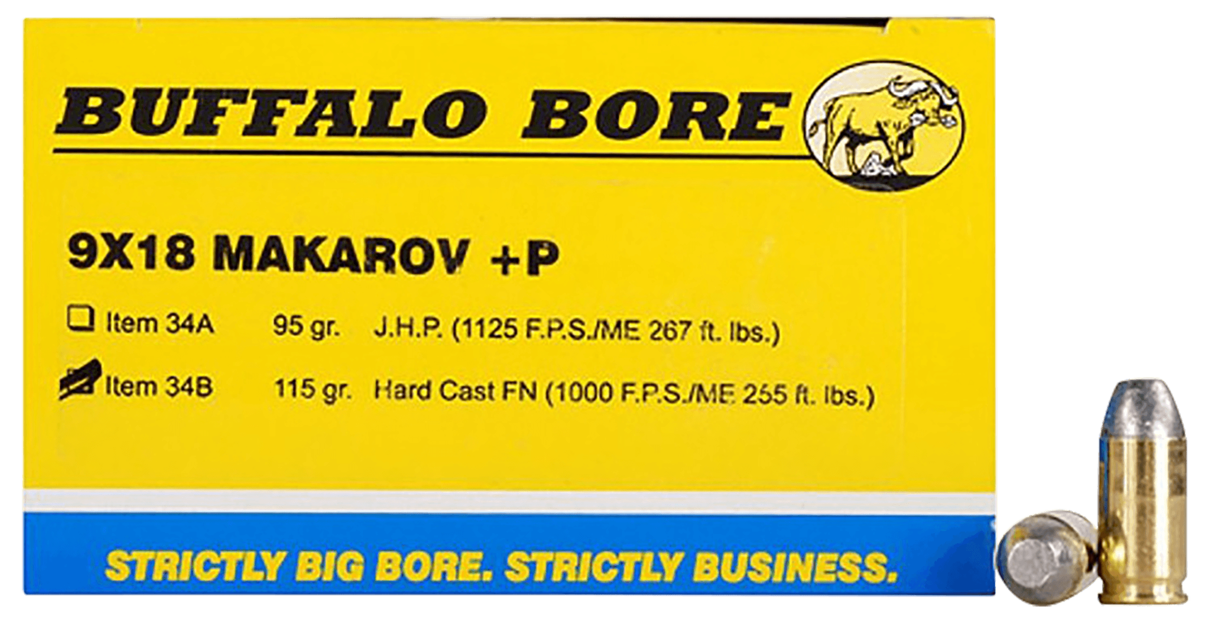 Buffalo Bore Ammunition 34B20 Personal Defense Strictly Business 9x18Makarov +P 115gr Hard Cast Flat Nose 20 Rounds