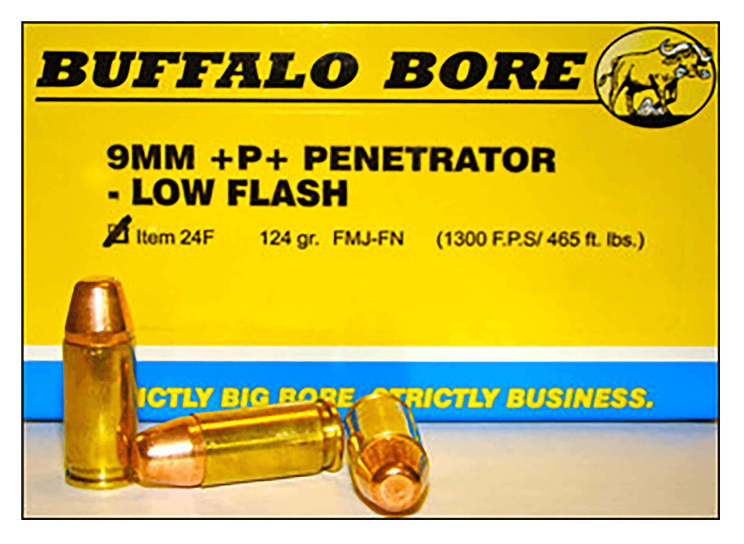 Buffalo Bore Ammunition 24F20 Penetrator Strictly Business 9mmLuger +P+ 124gr Full Metal Jacket Flat Nose 20 Rounds