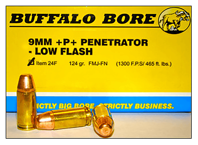 Buffalo Bore Ammunition 24F20 Penetrator Strictly Business 9mmLuger +P+ 124gr Full Metal Jacket Flat Nose 20 Rounds