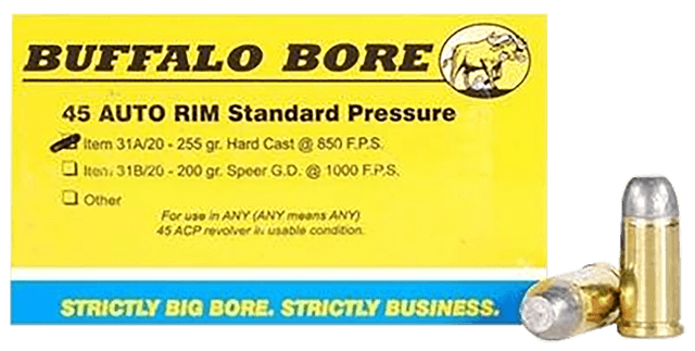 Buffalo Bore Ammunition 31A20 Standard Pressure Strictly Business 45Auto Rim 255gr Hard Cast Flat Nose 20 Rounds