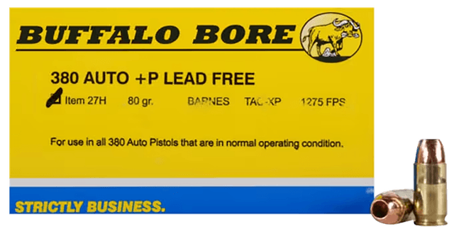 Buffalo Bore Ammunition 27H20 Buffalo-Barnes Strictly Business 380ACP +P 80gr Barnes TAC-XP Lead Free 20 Rounds