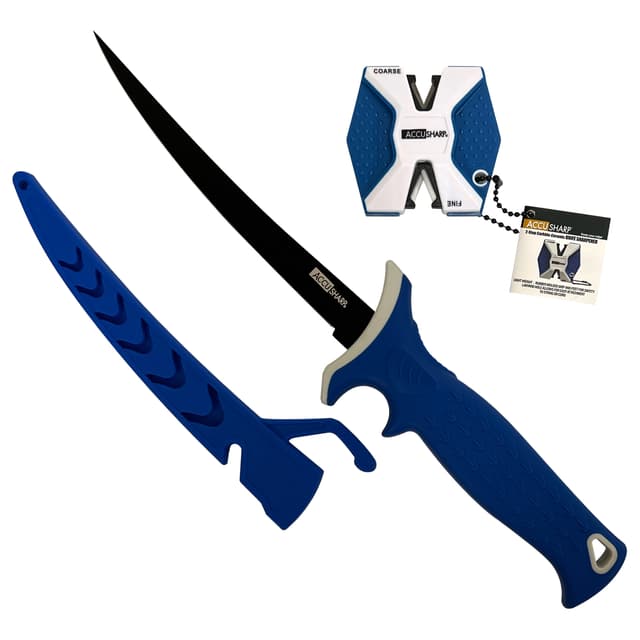 AccuSharp 736C Fillet w/Sharpener 6.50" Fixed Fillet Plain Satin Titanium Coated Stainless Steel Blade/Royal Blue Ergonomic Anti-Slip Rubber Handle Includes 2-Step Sharpener