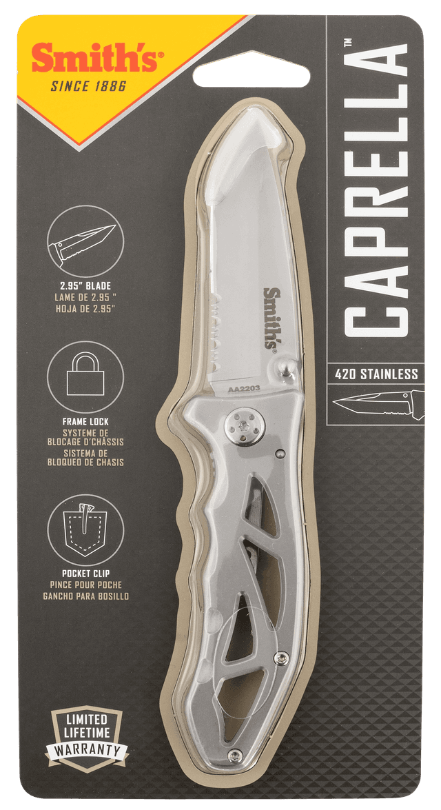 Smiths Products 51009 Caprella 2.95" Folding Drop Point Part Serrated Bead Blasted 400 SS Blade/Silver Skeletonized Stainless Steel Handle Includes Pocket Clip