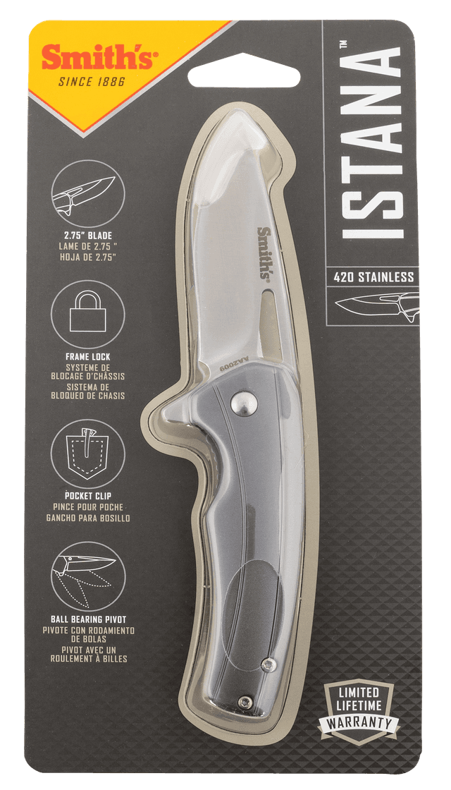 Smiths Products 51246 Istana 2.75" Folding Drop Point Plain Satin 400 SS Blade/Gray Anodized Aluminum Handle Includes Pocket Clip
