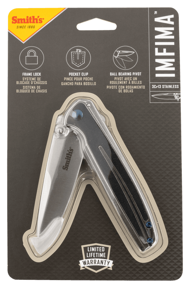 Smiths Products 51275 Imfima 3.26" Folding Drop Point Plain Bead Blasted 3Cr13MoV SS Blade/ Bead Blasted Stainless Steel Handle Includes Pocket Clip