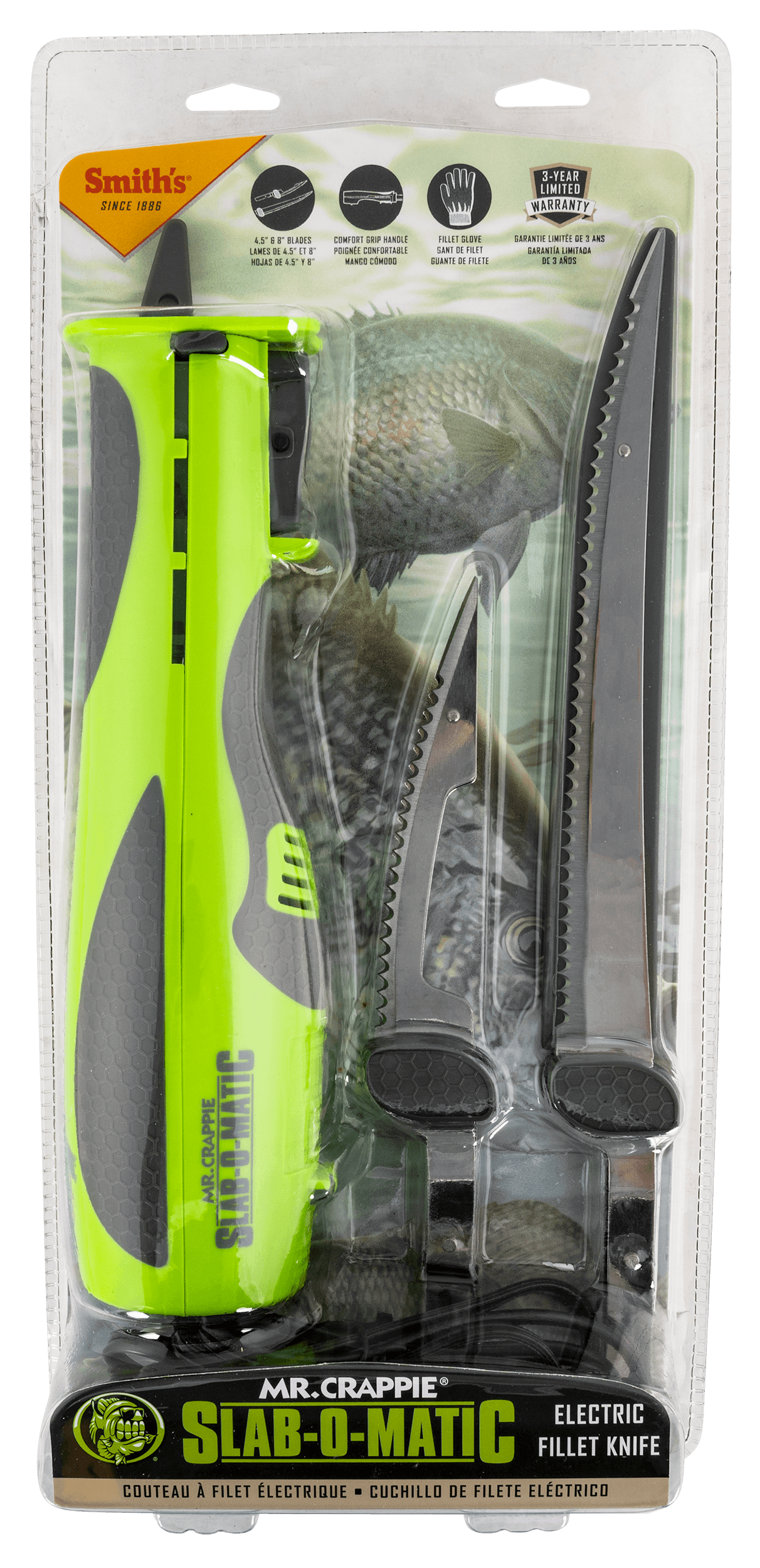 Smiths Products 51207 Mr. Crappie Slab-O-Matic 8"/4.50" Fillet/Ribcage Serrated Stainless Steel Blade Electric Green/Gray Vented Includes Power Cord/Fillet Glove/Mesh Storage Bag