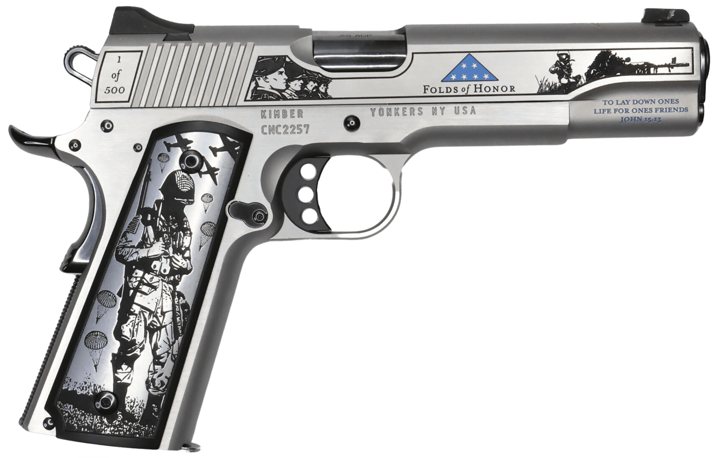 Cnc Firearms CNCFOLDSHONOR Folds Of Honor Limited Edition 45 ACP 7+1 5" Match Grade Barrel, Engraved/Serrated Stainless Steel Slide, Stainless Steel Frame w/Beavertail, Scenic Aluminum Grip