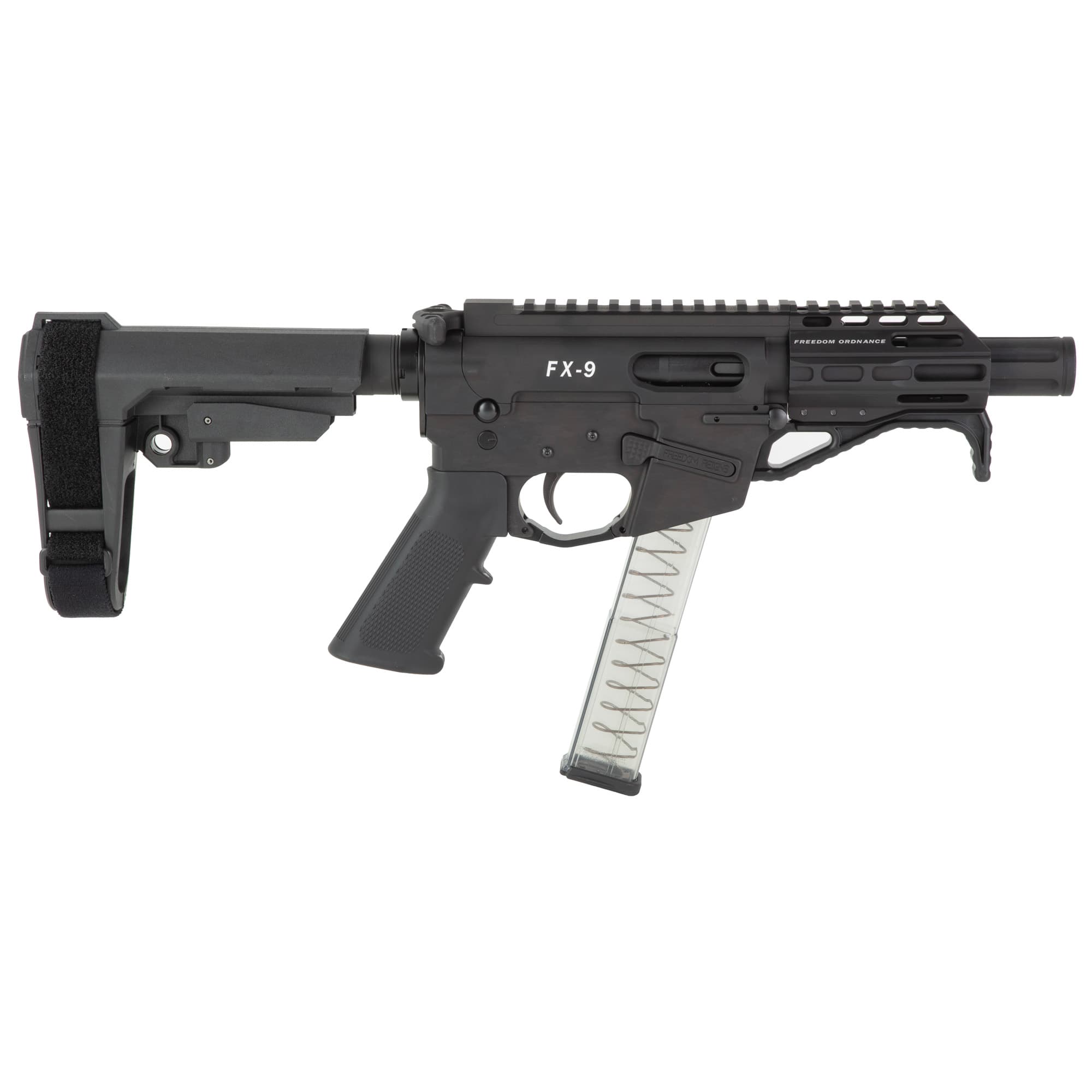Freedom Ordnance FX9P4S FX-9 9mm Luger 31+1 4" Black Nitride Barrel w/Faux Suppressor, Black Hard Coat Anodized Aluminum Receiver, SB Tactical SBA3 Pistol Brace Stock, Black Polymer Grip